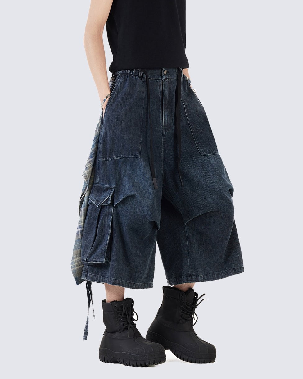 Utility Denim 3/4 Shorts with Detachable Back Flap