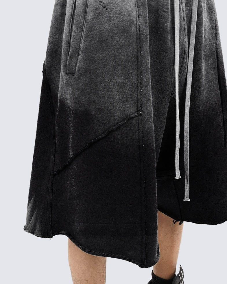 Distressed Black Drop-Crotch Shorts with Drawstring Waist