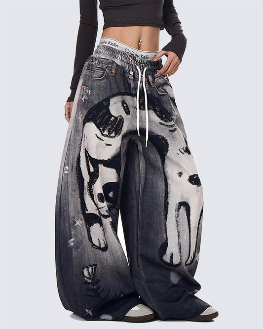 American High-Street Hand-Drawn Cat Print Scimitar Pants