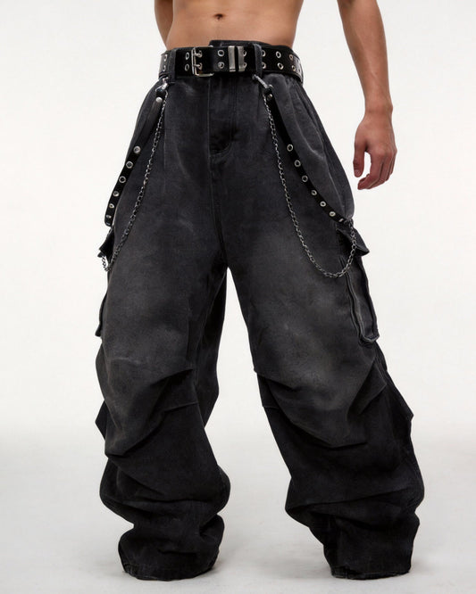 Washed Pocket Cargo Pants(Free Belt and Chain Included)