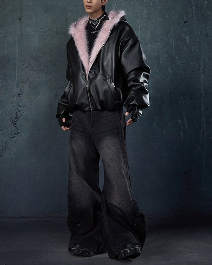 PU Leather Fur Collar Hooded Jacket