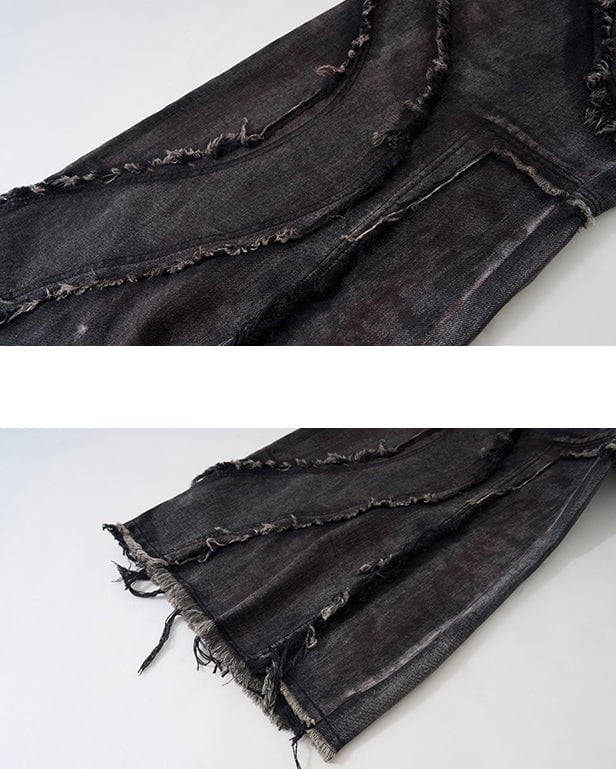 KIIKIO Distressed Black Denim Wide-Leg Pants with Frayed Details