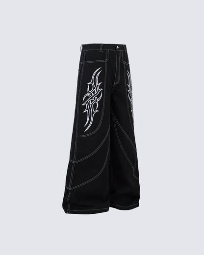 Rebellious Threads—Bold Black Denim Pants