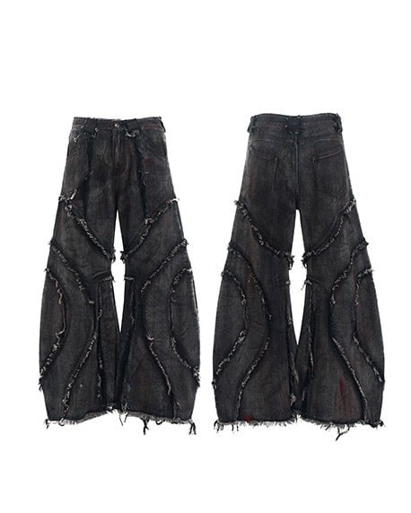 KIIKIO Distressed Black Denim Wide-Leg Pants with Frayed Details