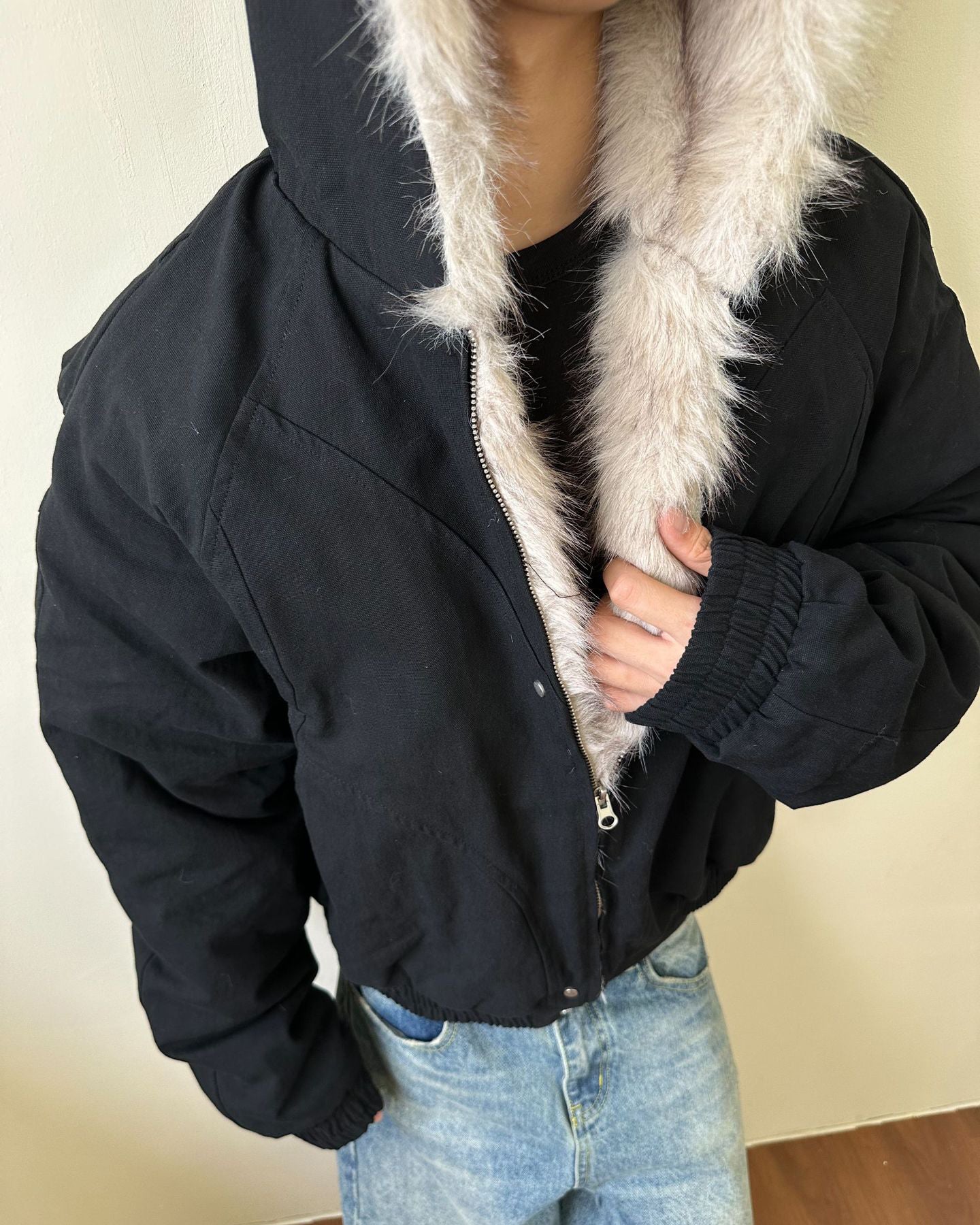 Structured Faux Fur Collar Padded Hooded Jacket