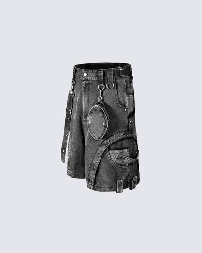 Heavy-Duty Waist Bag Strap Denim Casual Shorts
