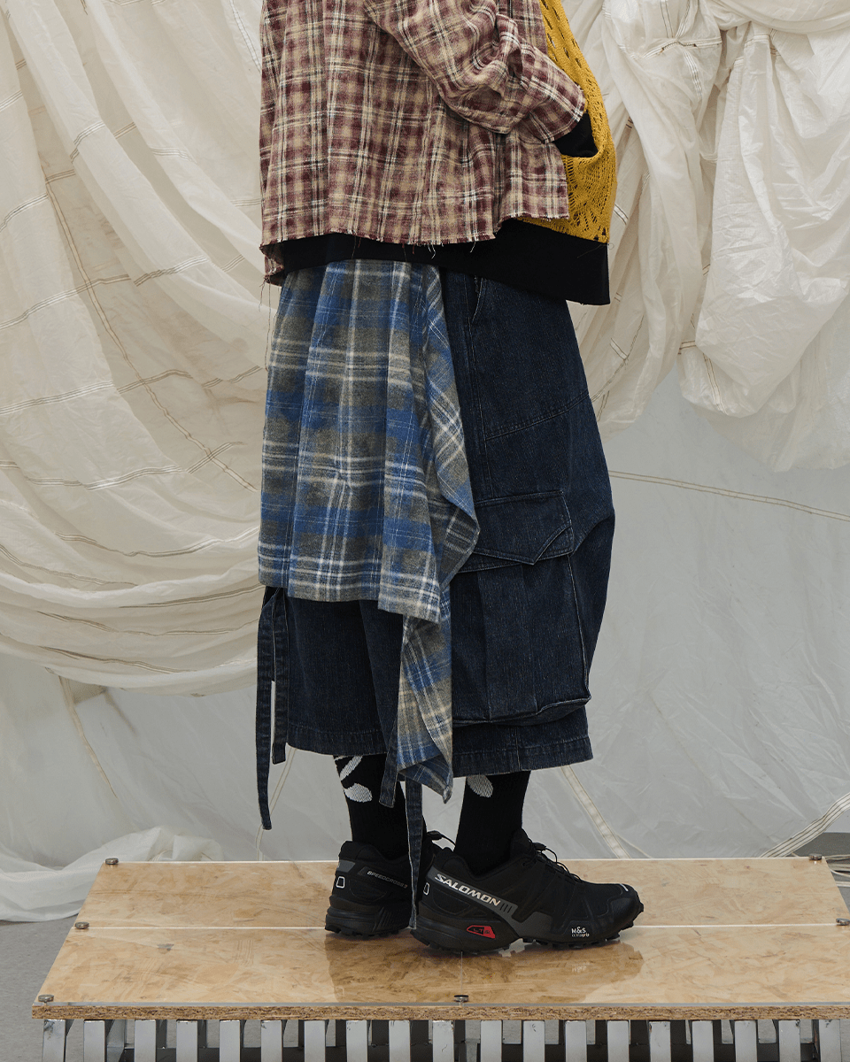 Utility Denim 3/4 Shorts with Detachable Back Flap