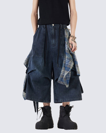 Utility Denim 3/4 Shorts with Detachable Back Flap