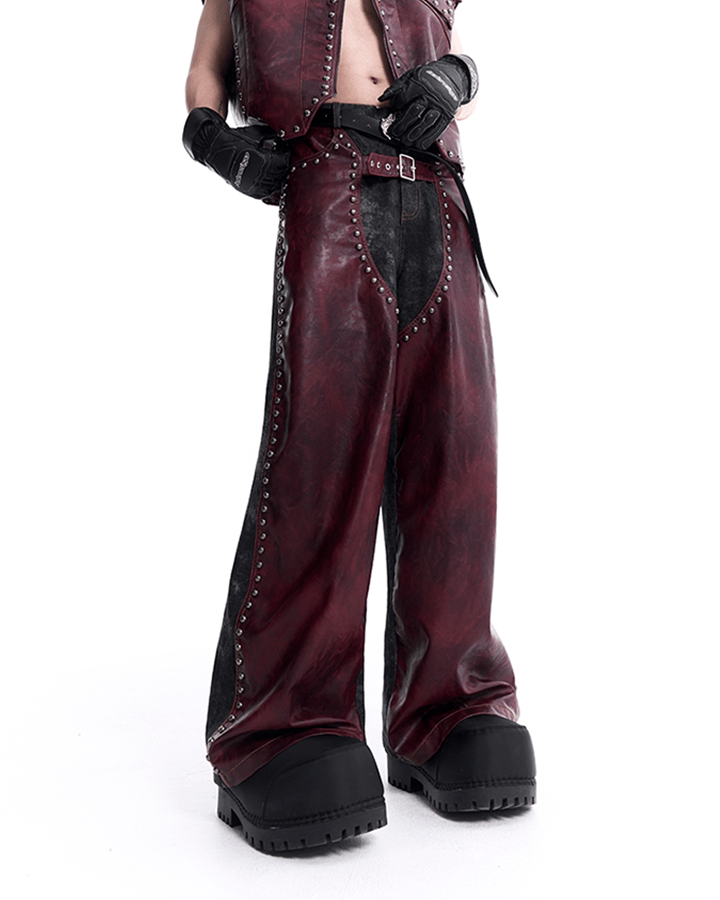 Burgundy and Black Studded Leather Pants