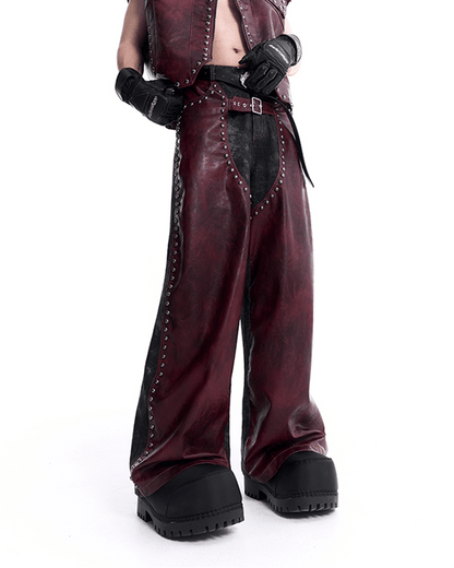 Burgundy and Black Studded Leather Pants