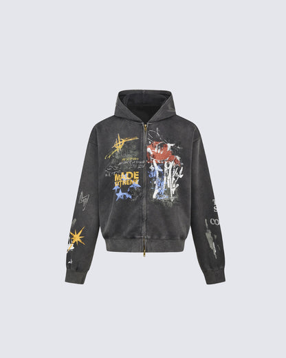 American Hip-hop Print Loose Zip-up Hoodie