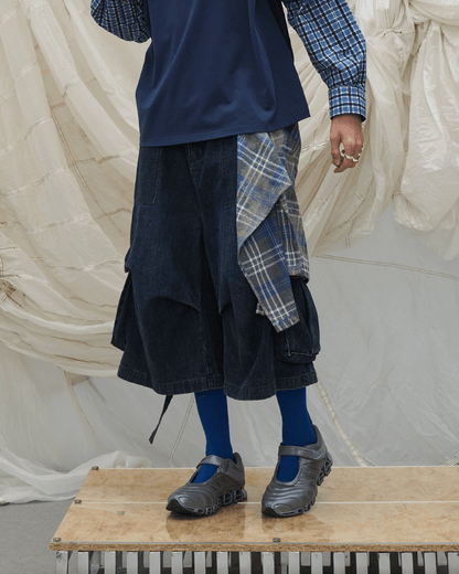 Utility Denim 3/4 Shorts with Detachable Back Flap