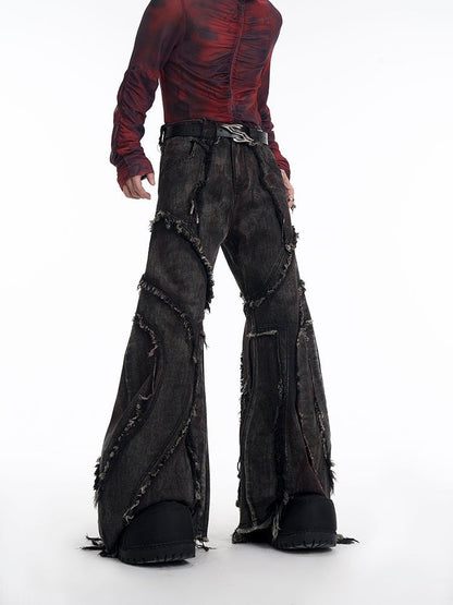 KIIKIO Distressed Black Denim Wide-Leg Pants with Frayed Details