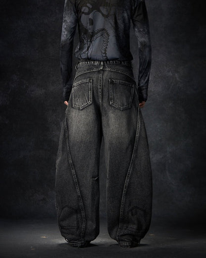 Distressed Washed Loose Blade-Cut Jeans