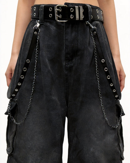 Washed Pocket Cargo Pants（Free Belt and Chain Included）