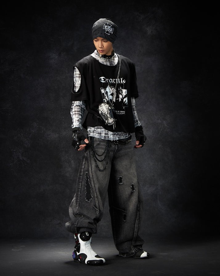 Distressed Washed Loose Blade-Cut Jeans