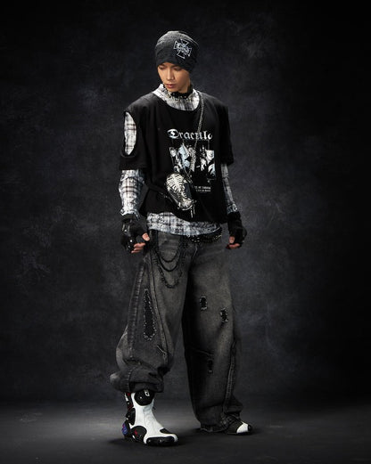 Distressed Washed Loose Blade-Cut Jeans