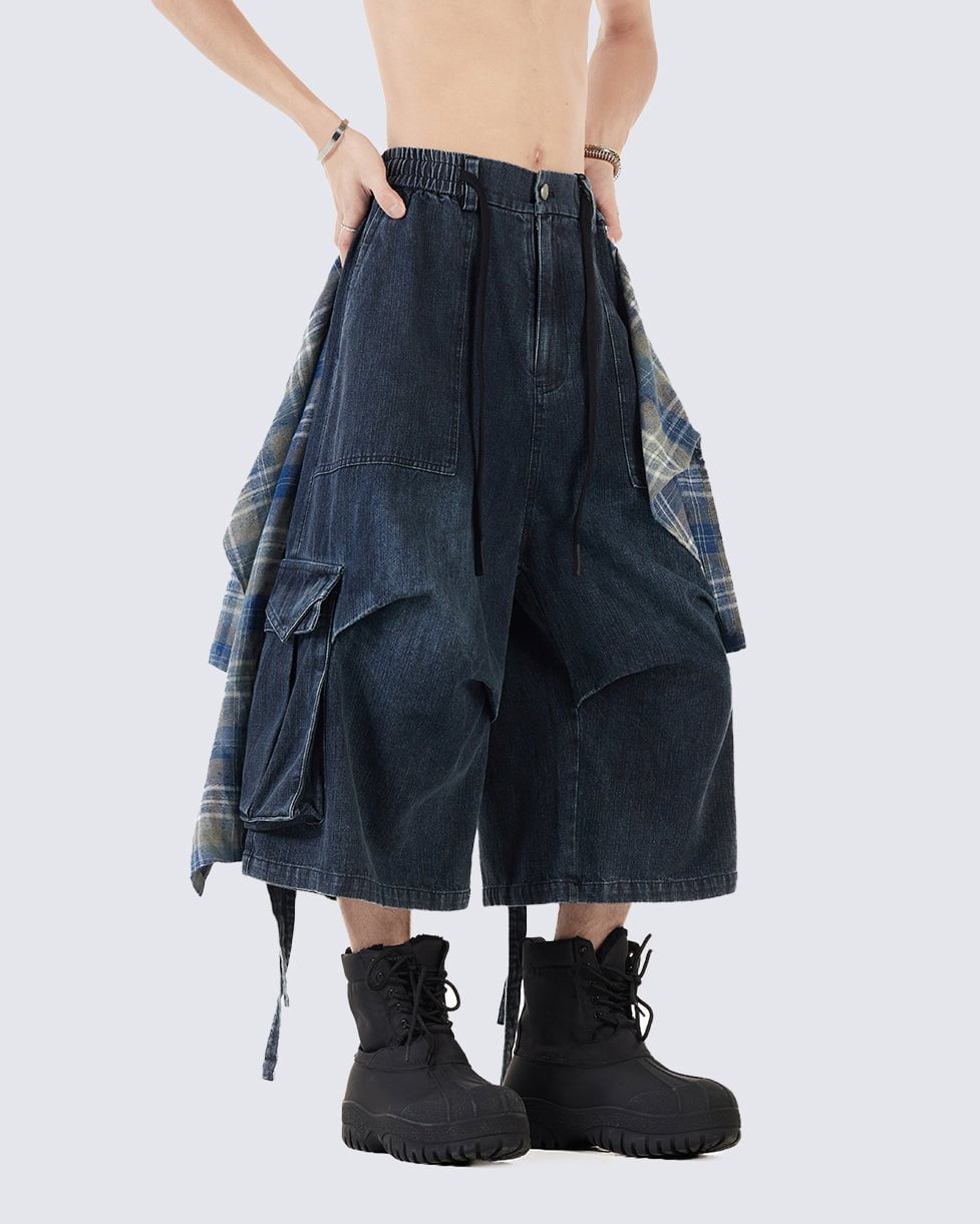 Utility Denim 3/4 Shorts with Detachable Back Flap