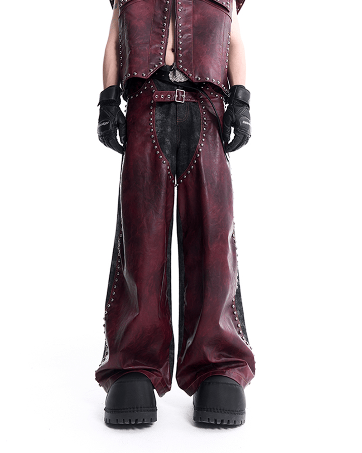 Burgundy and Black Studded Leather Pants