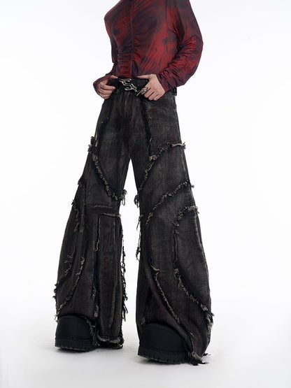 KIIKIO Distressed Black Denim Wide-Leg Pants with Frayed Details