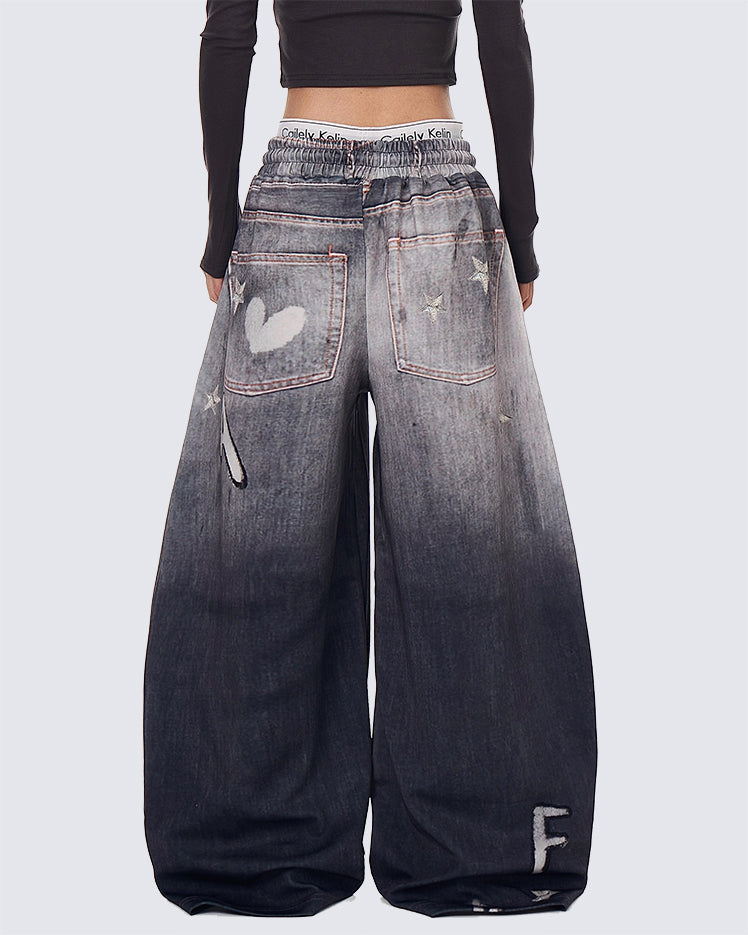 American High-Street Hand-Drawn Cat Print Scimitar Pants