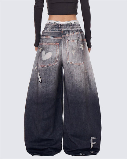 American High-Street Hand-Drawn Cat Print Scimitar Pants