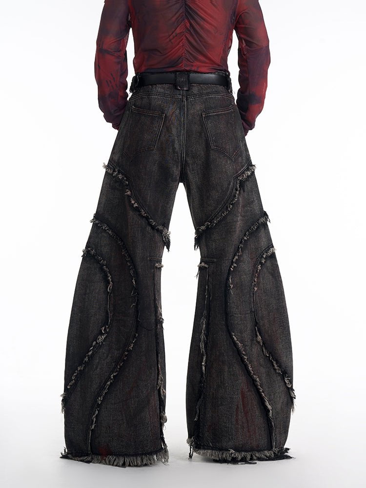 KIIKIO Distressed Black Denim Wide-Leg Pants with Frayed Details