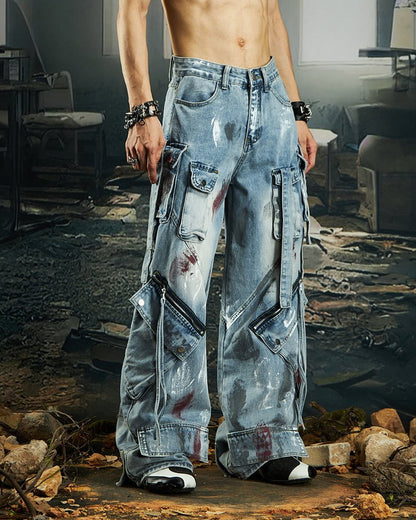 Deconstructed Graffiti Strap Cargo Jeans