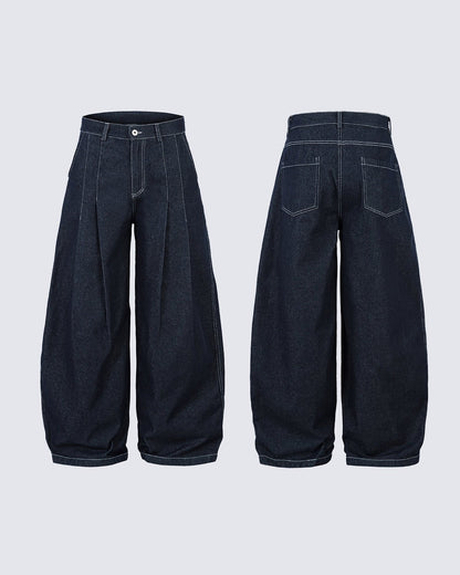 Wide-Leg Pleated Denim Trousers