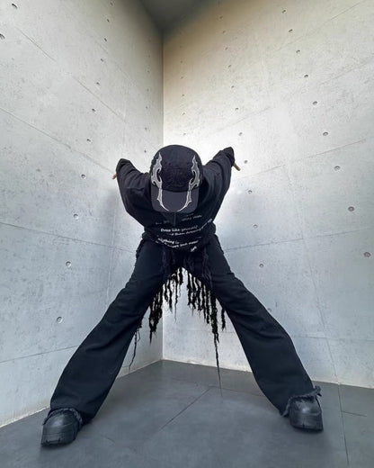 KIIKIO Black Baseball Cap with Flame Design and Sun Embroidery