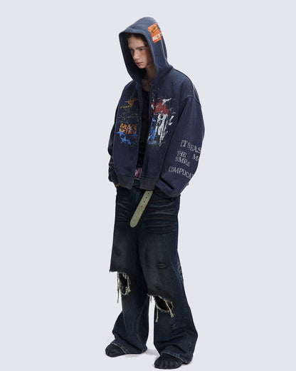 American Hip-hop Print Loose Zip-up Hoodie
