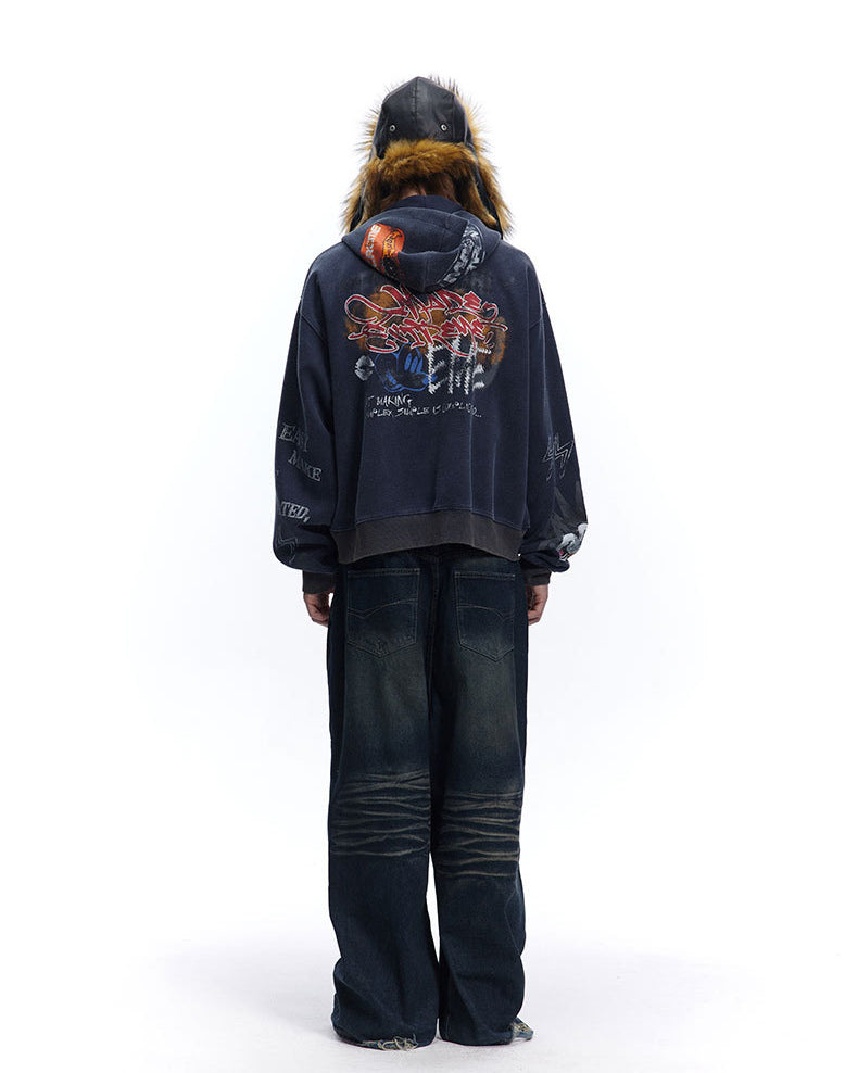 American Hip-hop Print Loose Zip-up Hoodie