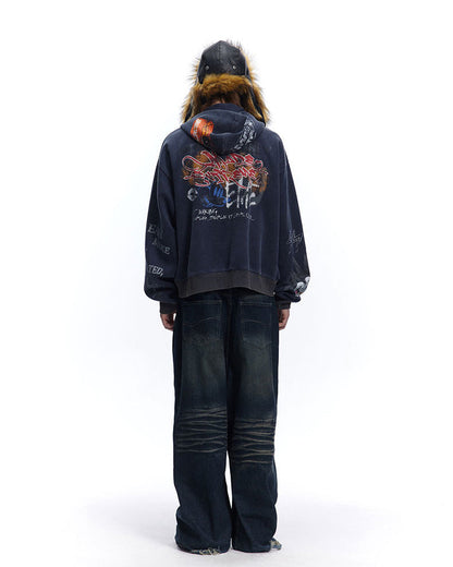 American Hip-hop Print Loose Zip-up Hoodie