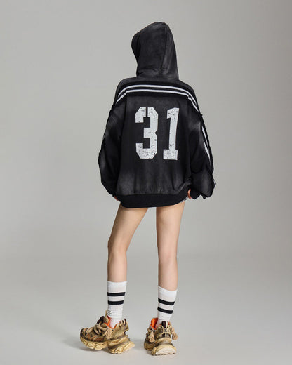 Vintage Loose Fit Washed Distressed Zip-Up Hoodie
