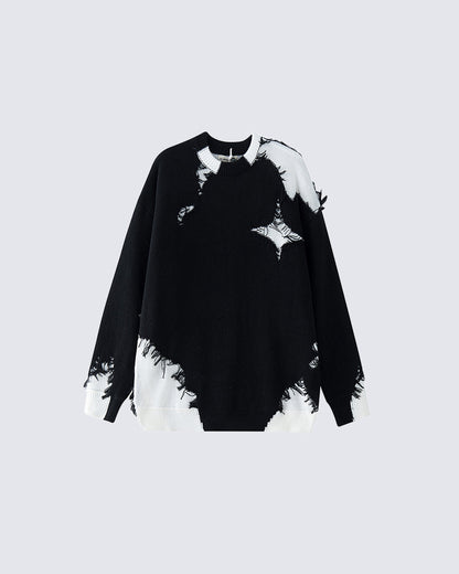 American High Street Hip-Hop Patchwork Frayed Sweater