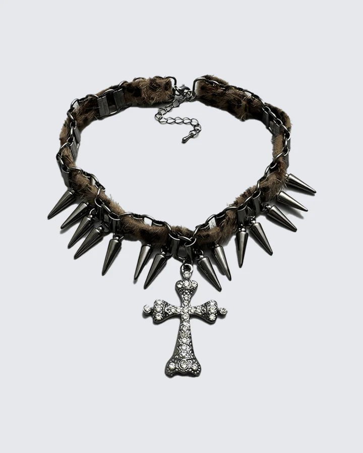 Faux Fur Spiked Cross Pendant Punk Choker