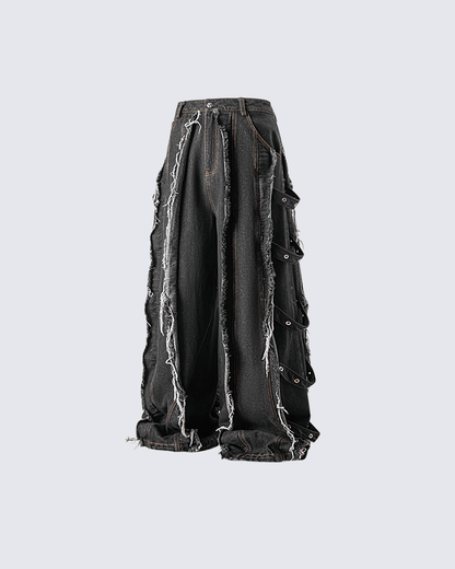 Frayed Patchwork Wide-Leg Denim Pants