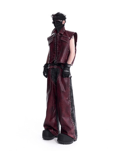 Burgundy and Black Studded Leather Pants