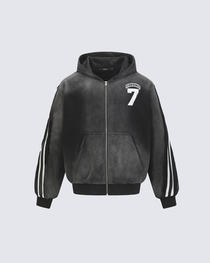 Vintage Loose Fit Washed Distressed Zip-Up Hoodie