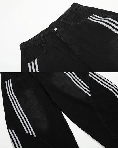 Contrast Striped Wide-Leg Denim Pants