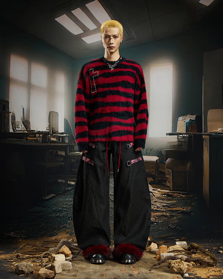 American Retro Plaid Patchwork Denim Pants