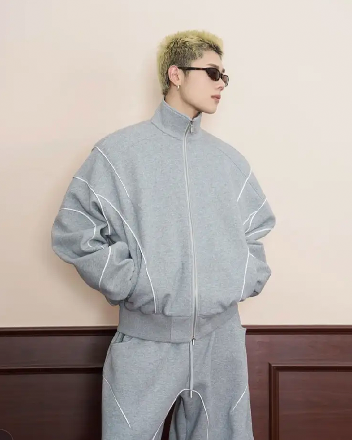 Loose-Fit Zip-Up Sweatshirt with White Piping