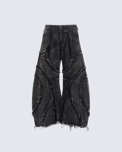 KIIKIO Distressed Black Denim Wide-Leg Pants with Frayed Details