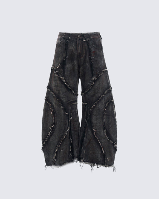 KIIKIO Distressed Black Denim Wide-Leg Pants with Frayed Details