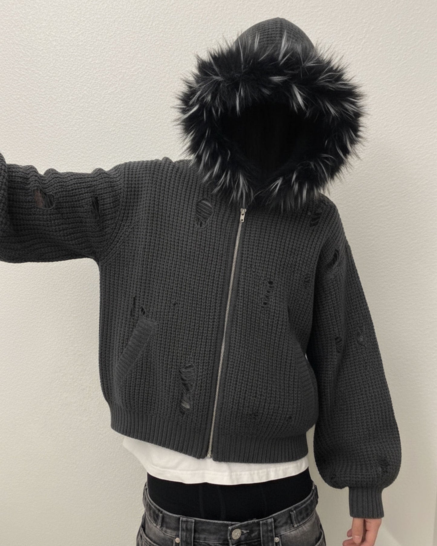 KIIKIO Destroyed Knitted Sweater Plush Coat