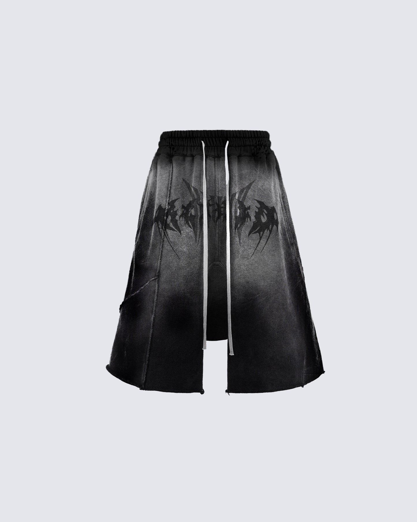 Distressed Black Drop-Crotch Shorts with Drawstring Waist