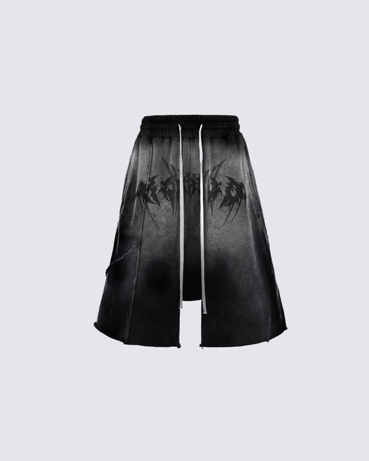 Distressed Black Drop-Crotch Shorts with Drawstring Waist