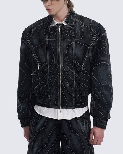 Futuristic Black Denim Bomber Jacket