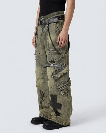 Dual-Waist Paint-Splash Cargo Pants