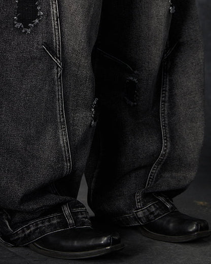 Distressed Washed Loose Blade-Cut Jeans